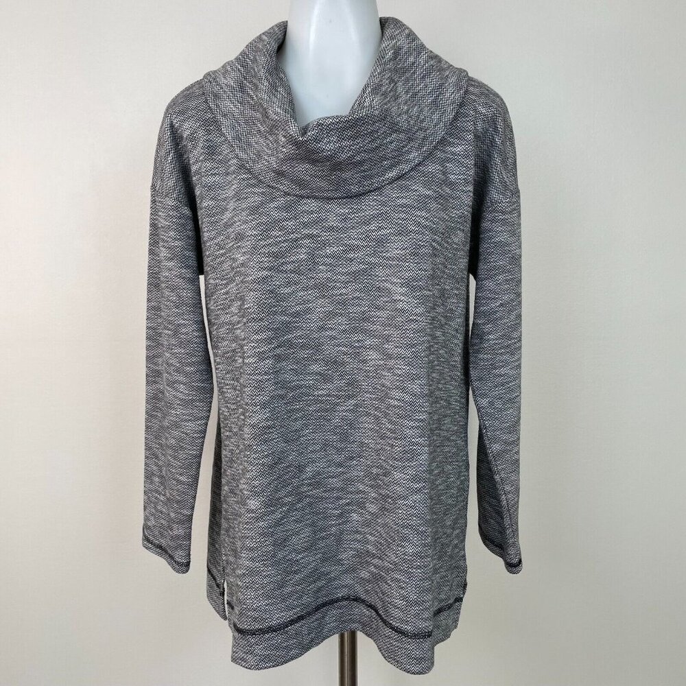 T by Talbots Sweater Large Black Gray Herringbone Cowl Neck Pullover Women's